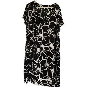 Avenue Floral Beaded Plus Size 22 Black White Midi Short Sleeve Womens Dress